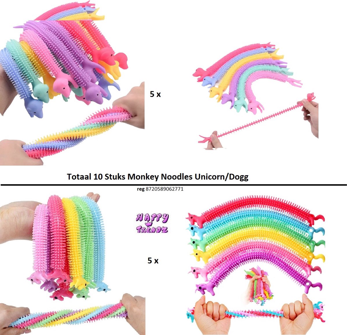 Happy Trendz® Monkey Noodles Totaal 10 Stuks - Cadeau pakket - 5x unicorns + 5 x Dogg  | Resistance band | Squishy | Fidget Toys | Pop It | Stretchy String | Eenhoorn - Hond